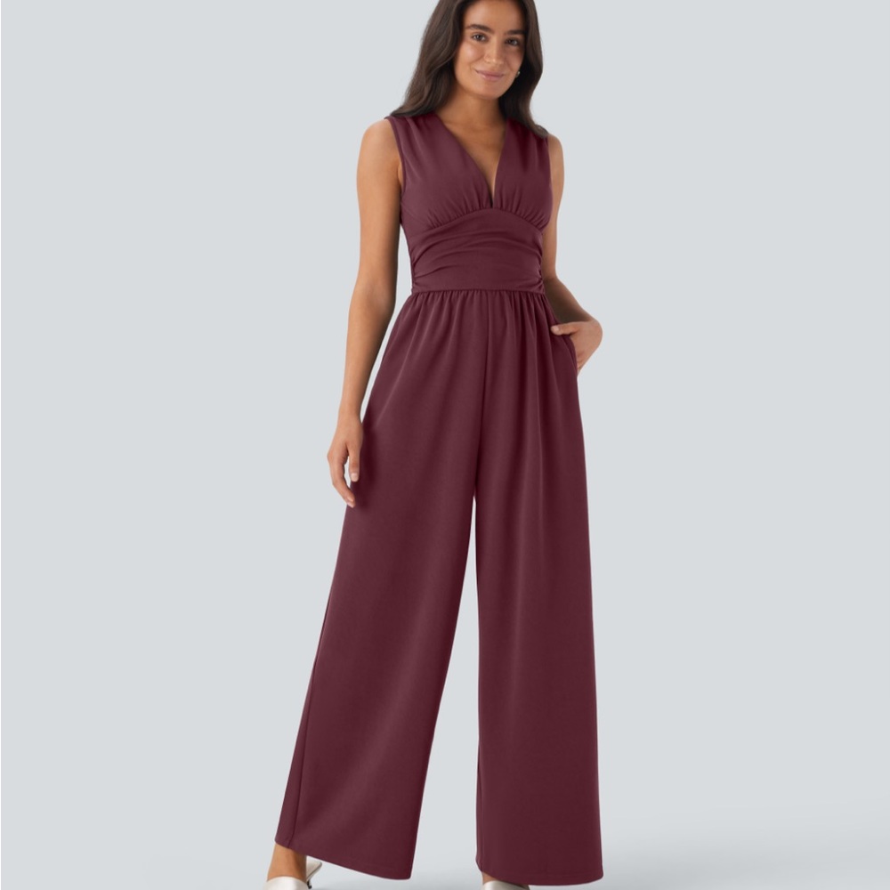 Sleeveless V-Neck Wide-Leg Jumpsuit in Burgundy
